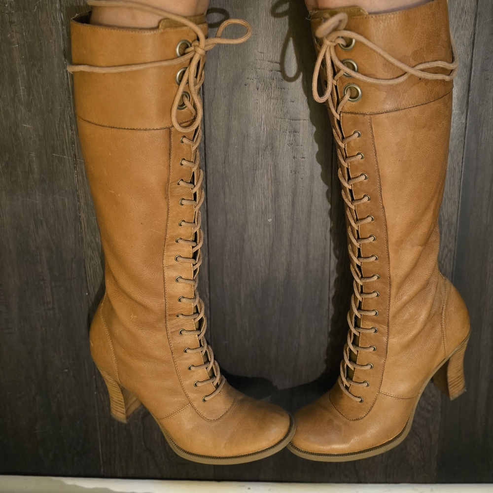 Nine West Tan Leather Lace-Up Boots